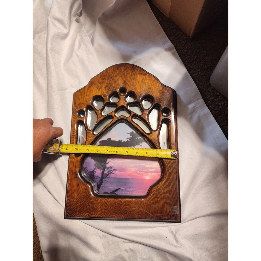 Handmade Wall Hanging With Mirror And Pict Of A Sunset. Shaped Like A Bear Paw